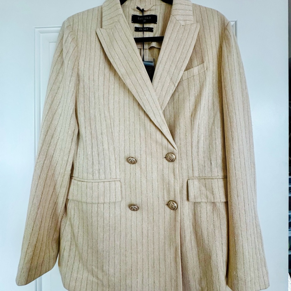 Circolo 1901 Luxury Linen Cotton Blend Cream Pinstripe Double-Breasted Blazer